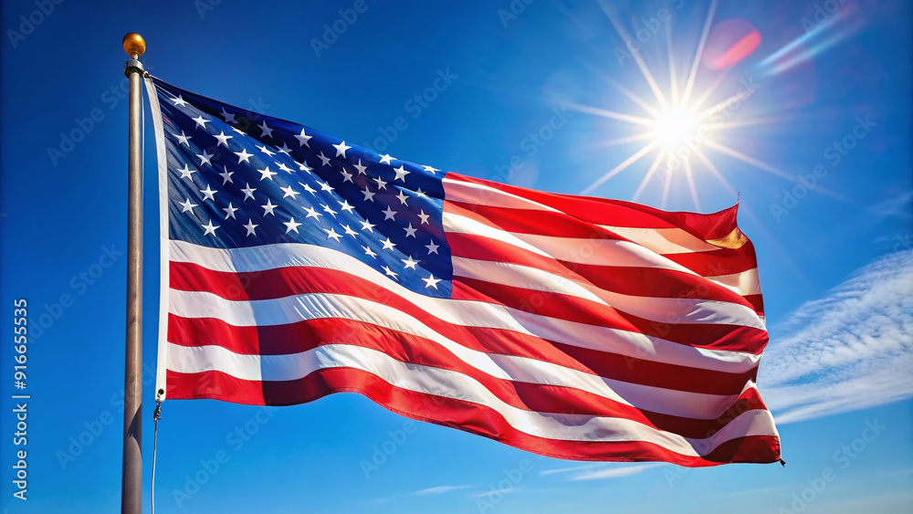 A vibrant Stars and Stripes flag waves proudly in the breeze, symbolizing freedom and patriotism on a sunny day with a clear blue sky. A vibrant Stars and Stripes flag waves proudly in the breeze, symbolizing freedom and patriotism on a sunny day with a clear blue sky.