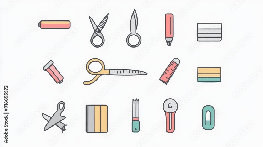 Editable stroke line icons of art and craft supplies like scissors, glue, and rulers. Simple and clean design.
