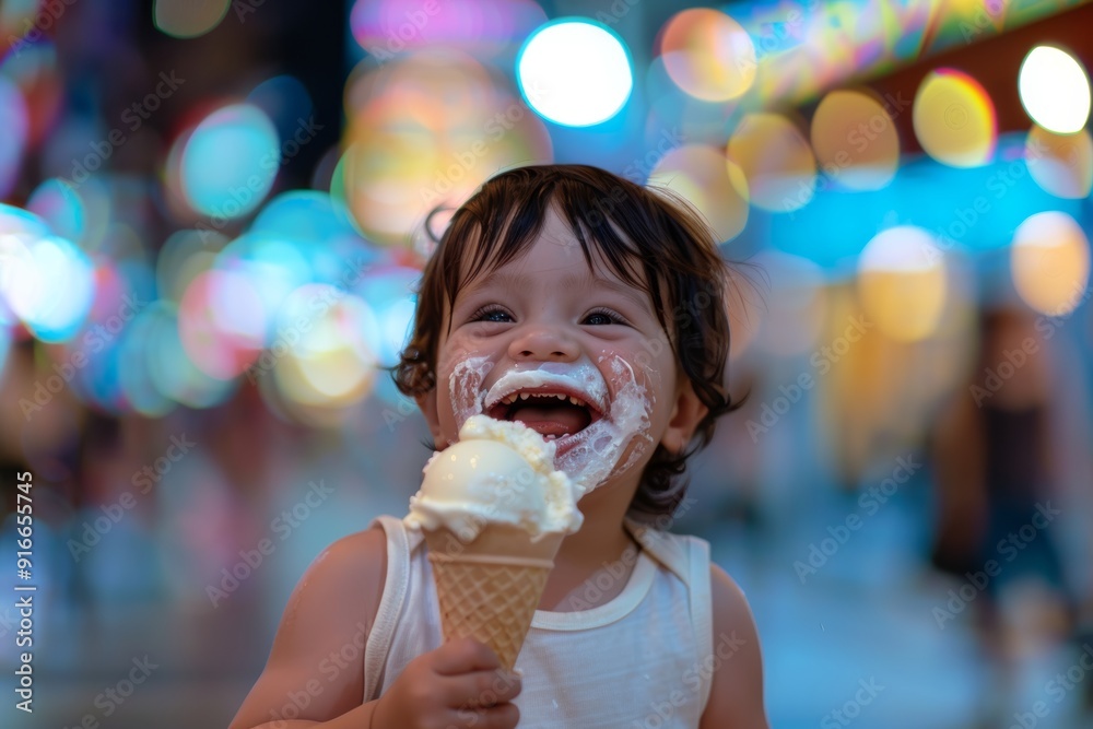 Baby sleeps peacefully tenderly tucked serene and cute disposition. Expressive infant's face illustrates innocent and joyful spirit. Ice cream is this child's ultimate treat.