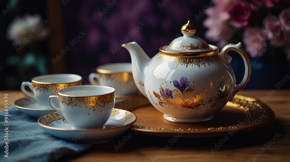 Highly stylized and artistic image featuring a close-up of a tea set. Highly stylized and artistic image featuring a close-up of a tea set.