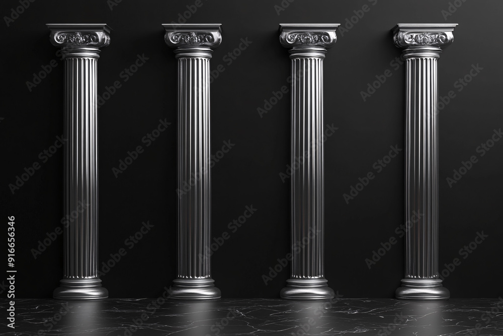 Obraz premium Four classical columns casting shadows against a dark background representing architectural elegance and timelessness