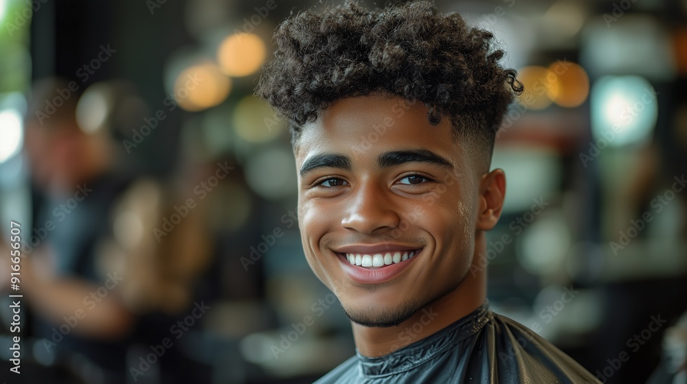 smiling young man with dark curly hair sitting in the barber chair getting broccoli haircut