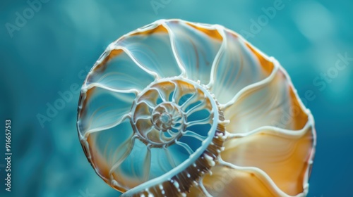 Nautilus shell in closeup, showcasing its iconic spiral pattern. The shell's geometric design is a stunning piece of nature's art.