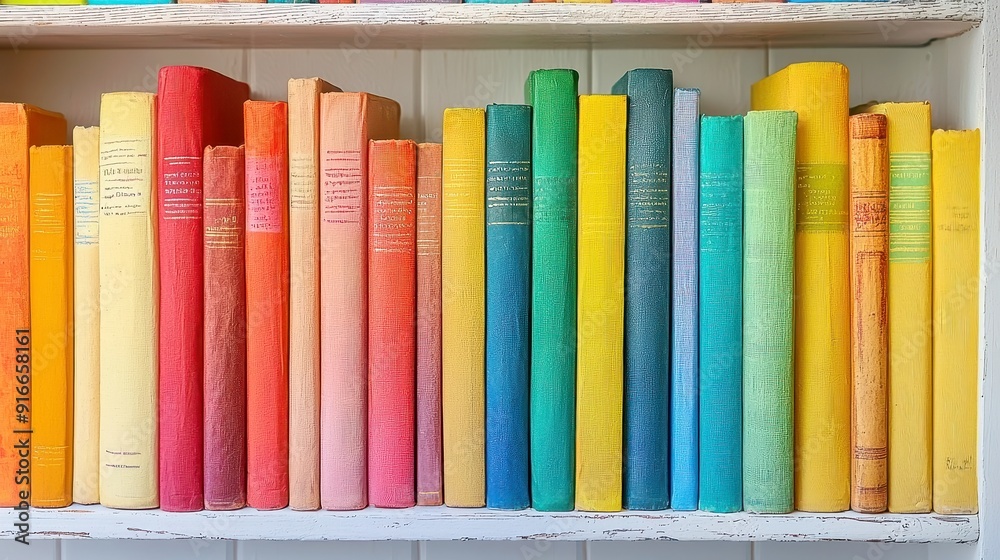 Naklejka premium Vibrant Bookshelf Display, a diverse array of colorful books arranged neatly on a shelf, inviting exploration, with ample free space surrounding the collection.