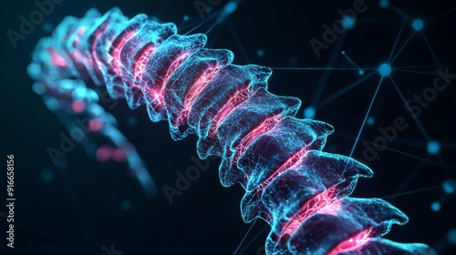 Abstract Digital Representation of Human Spine with glowing lines and nodes against a dark background photo