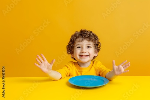 Vibrant young kid curly hair and inviting smile yellow backdrop. Bright and happy child radiant smile curly hair yellow. Essence of playful energy and cheerful personality young heart.