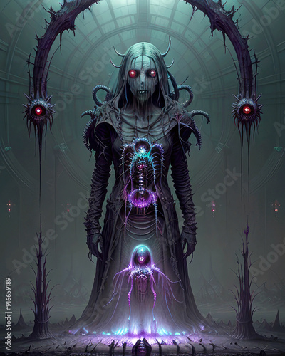 Dark horror fantasy illustration of a monster under a spiky arch generating an offspring charged by an electric glow