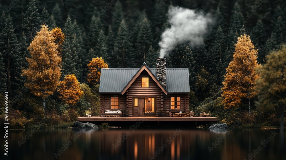 Fototapeta premium cabin in the woods with smoke from the chimney, , realistic textures, cozy isolation