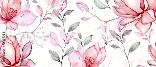 Seamless pattern with watercolor pink magnolia flowers and leaves on a white background.