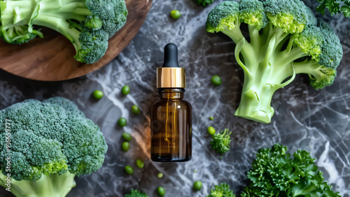 Broccoli oil extract in glass bottle surrounded by fresh broccoli florets. Natural organic skincare ingredient on marble background. Healthy superfood supplement for beauty and wellness routines photo