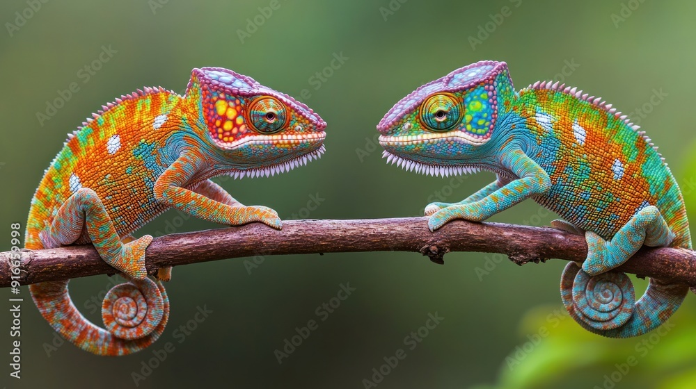 Fototapeta premium Two Chameleons Perched on a Branch