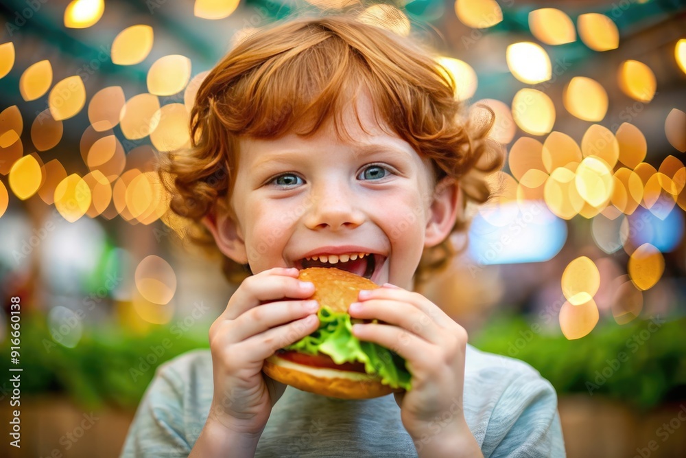 Naklejka premium A happy child eats a burger 