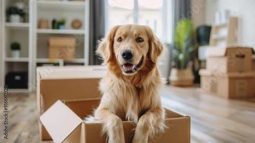 Family with kids and pets moving to new home. Cute dog sitting in cardboard box. Moving to new home, packing and unpacking boxes, relocation, renovation, removals and delivery service concept