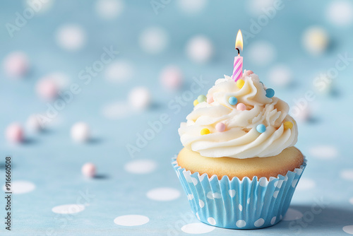 birthday cupcake with candles on light background, space for text stock photo contest winner