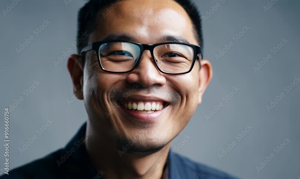 Portrait of a smiling asian man wearing eyeglasses on grey background Portrait of a smiling asian man wearing eyeglasses on grey background