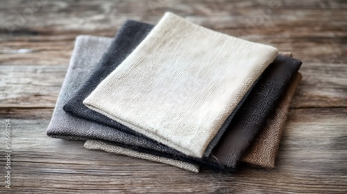 Linen fabric swatches on a rustic wooden surface, with earthy tones and natural texture, leaving space for textile information 