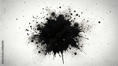 Black ink splattered grunge background with messy paint splashes, drops, and blots