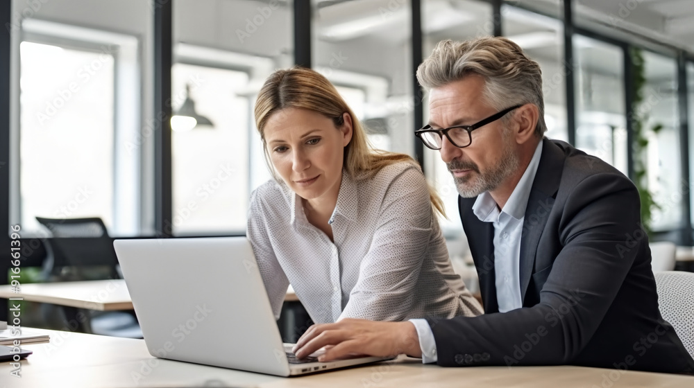middle aged man and woman working together on a laptop in a modern office space. middle aged man and woman working together on a laptop in a modern office space.