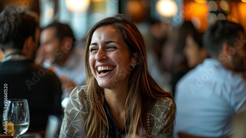 Joyful woman enjoying a lively conversation at a sophisticated evening networking event with professionals engaging in background discussions