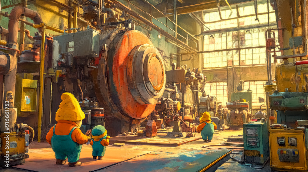 Curious gnome workers observing large machinery in industrial factory Curious gnome workers observing large machinery in industrial factory