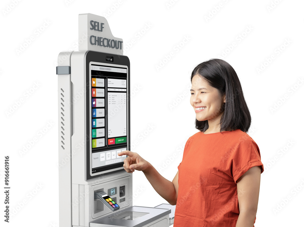 Customer use self-checkout kiosk or self-service payment machine Customer use self-checkout kiosk or self-service payment machine