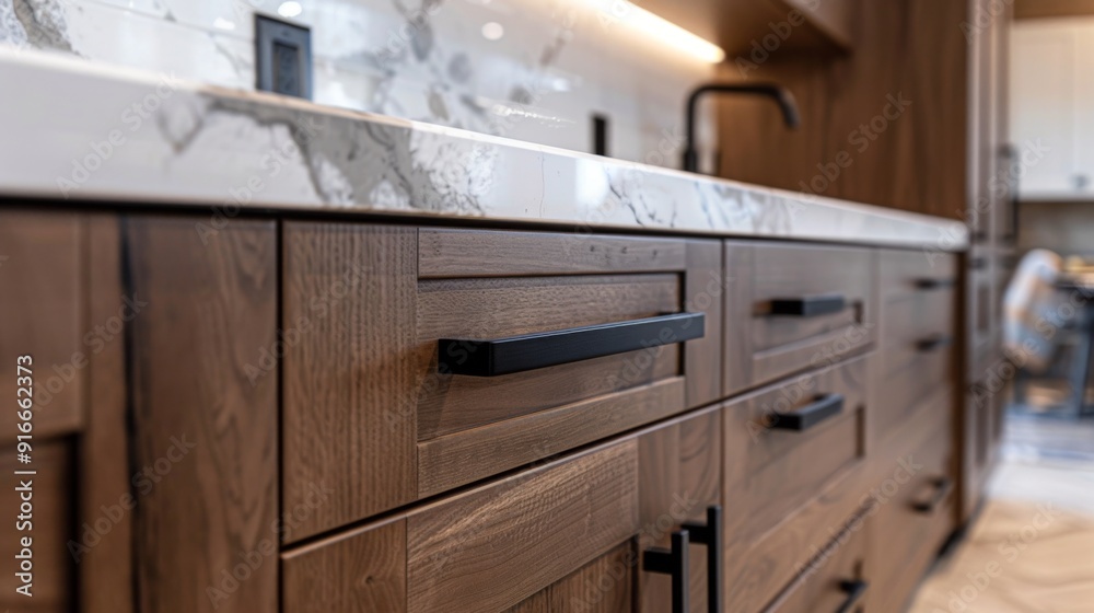 Lower kitchen cabinets with wood trim closeup with black metal handles Interior of the corner kitchen Marble backsplash Lower kitchen cabinets with wood trim closeup with black metal handles Interior of the corner kitchen Marble backsplash