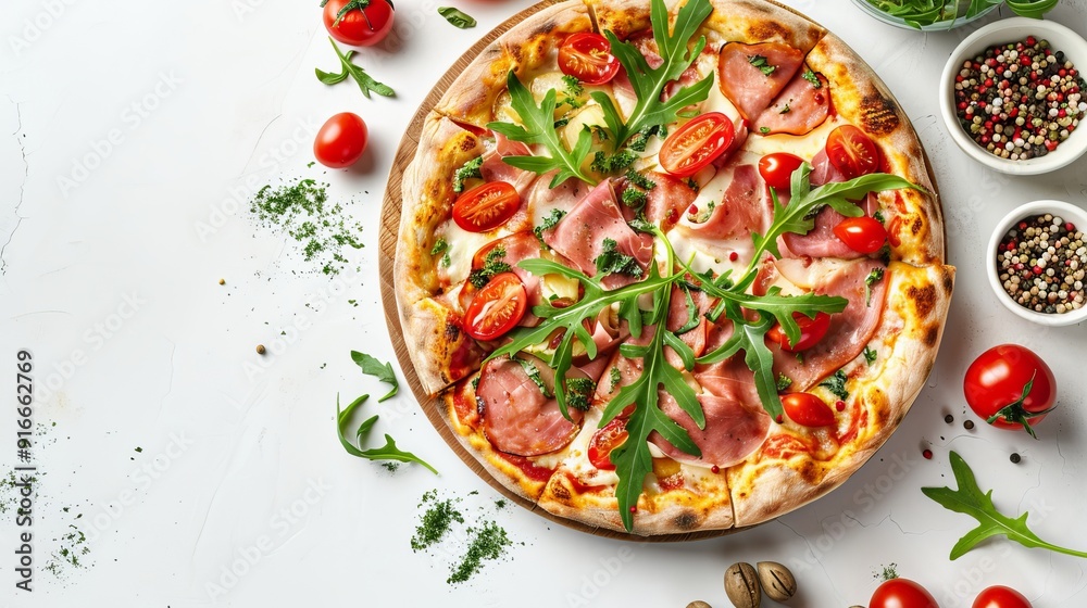 A pizza topped with ham, fresh rucola, and a variety of colorful vegetables, all set against a white background. The ingredients are arranged to highlight the vibrant greens of the rucola A pizza topped with ham, fresh rucola, and a variety of colorful vegetables, all set against a white background. The ingredients are arranged to highlight the vibrant greens of the rucola