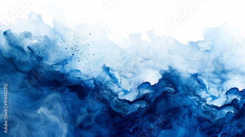 An abstract watercolor background blending navy blue hues to depict the ocean, sea, and sky. The design includes indigo paint stains and spots, mimicking water waves  photo