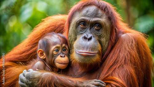 Adorable orangutan cradles its infant in a tender embrace, showcasing the intimate bond between mother and child in their natural rainforest habitat.