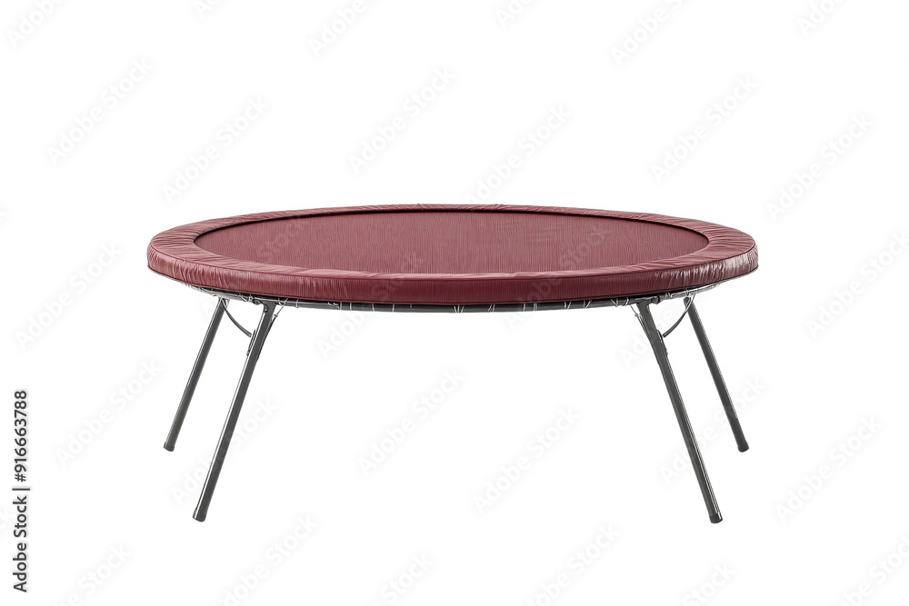 Round trampoline with a maroon mat and black legs, ideal for fitness, outdoor fun, and exercise sessions. Round trampoline with a maroon mat and black legs, ideal for fitness, outdoor fun, and exercise sessions.