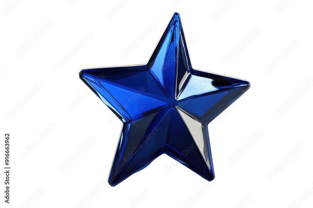Shiny blue star shape with glossy surface and reflective highlights, isolated on a transparent background. Perfect for design projects and decorations.