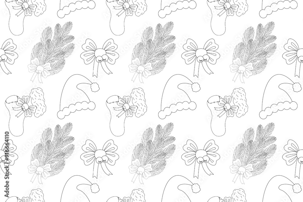 Fototapeta premium A festive Christmas-themed coloring page pattern featuring stockings, Santa hats, and pine branches. Perfect for holiday fun and creativity.