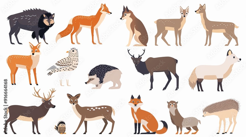Obraz premium A set of forest animals featuring wild mammals of the woodland, including a fox, wolf, bison, elk, and deer. The collection also includes various woodland inhabitants such as birds, beasts, an owl