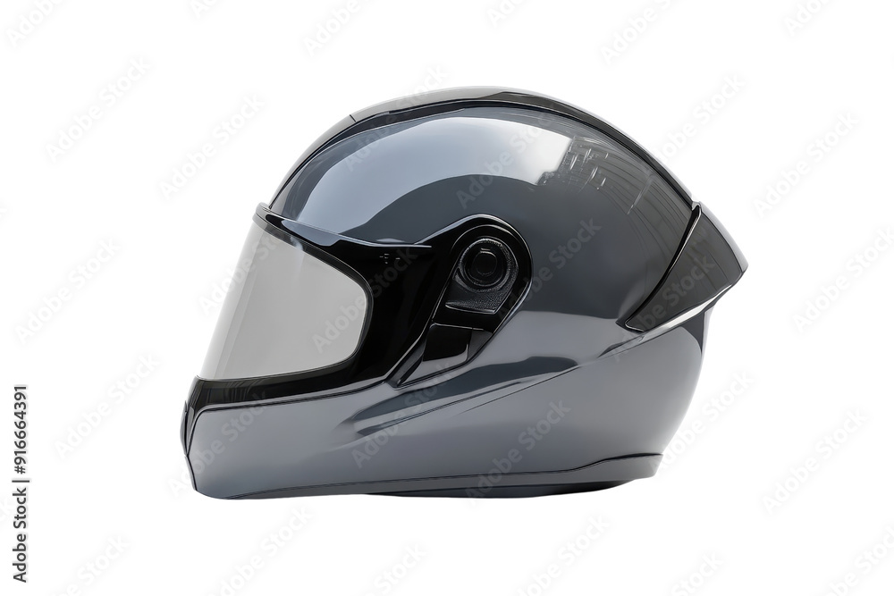 Sleek gray aerodynamic motorcycle helmet with visor, side view. Perfect gear for safety and style on the road.