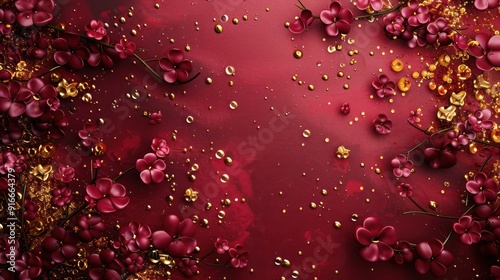 Serene 3D Abstract Background with Delicate Burgundy Cherry Blossoms and Golden Droplets Scattered Across a Vintage Crimson Red Canvas photo