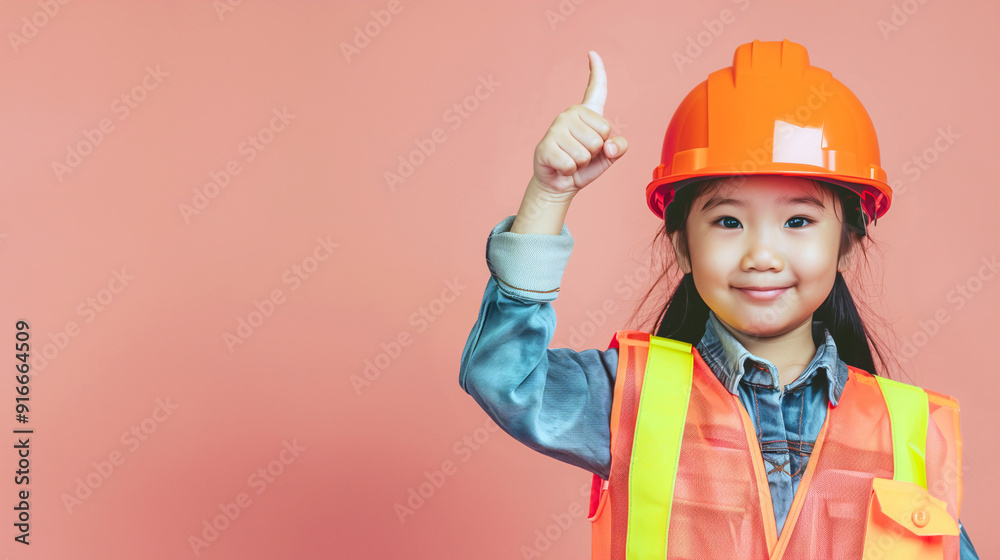 A cute happy smiling young Asian girl dressed like a construction worker raises her thumb up on a plain vivid pink background with copy space for text. A cute happy smiling young Asian girl dressed like a construction worker raises her thumb up on a plain vivid pink background with copy space for text.