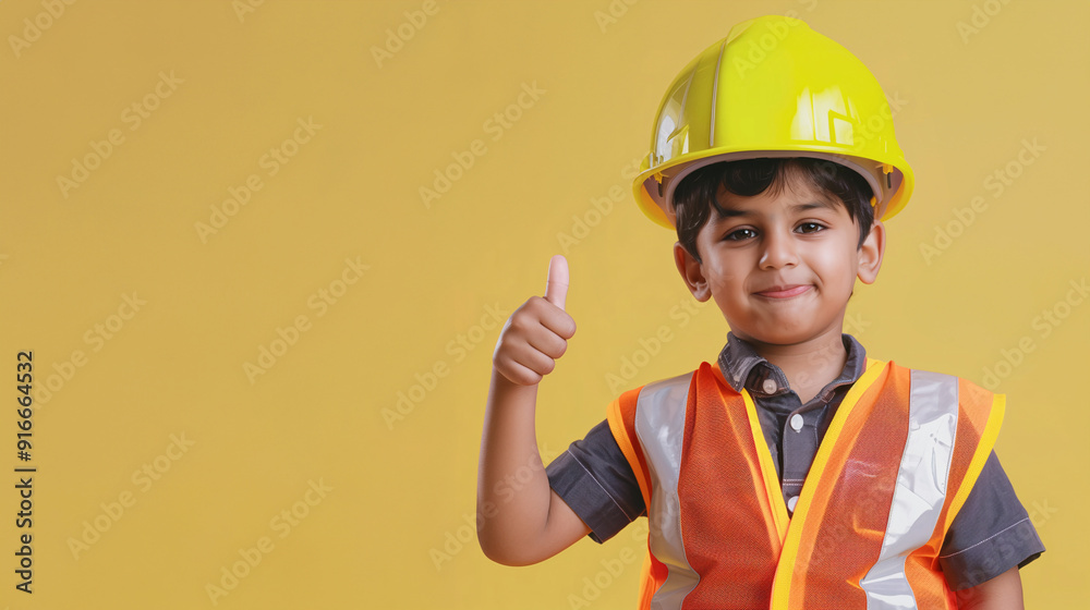 A cute happy smiling young Indian boy dressed like a construction worker raises his thumb up on a plain vivid yellow background with copy space for text.