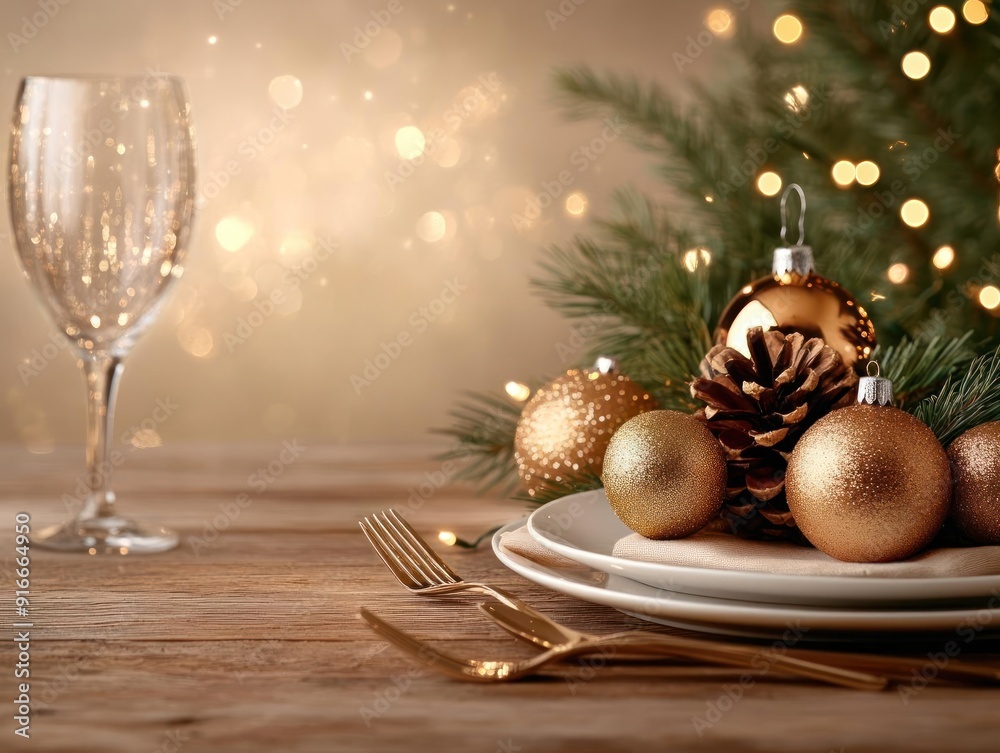 Elegant Christmas table setting with gold ornaments, pine cone, and wine glass.