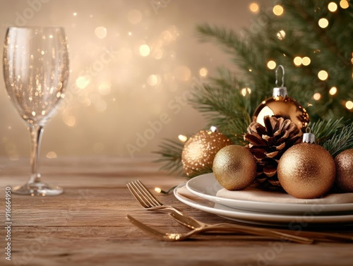 Obraz na płótnie Elegant Christmas table setting with gold ornaments, pine cone, and wine glass. w salonie