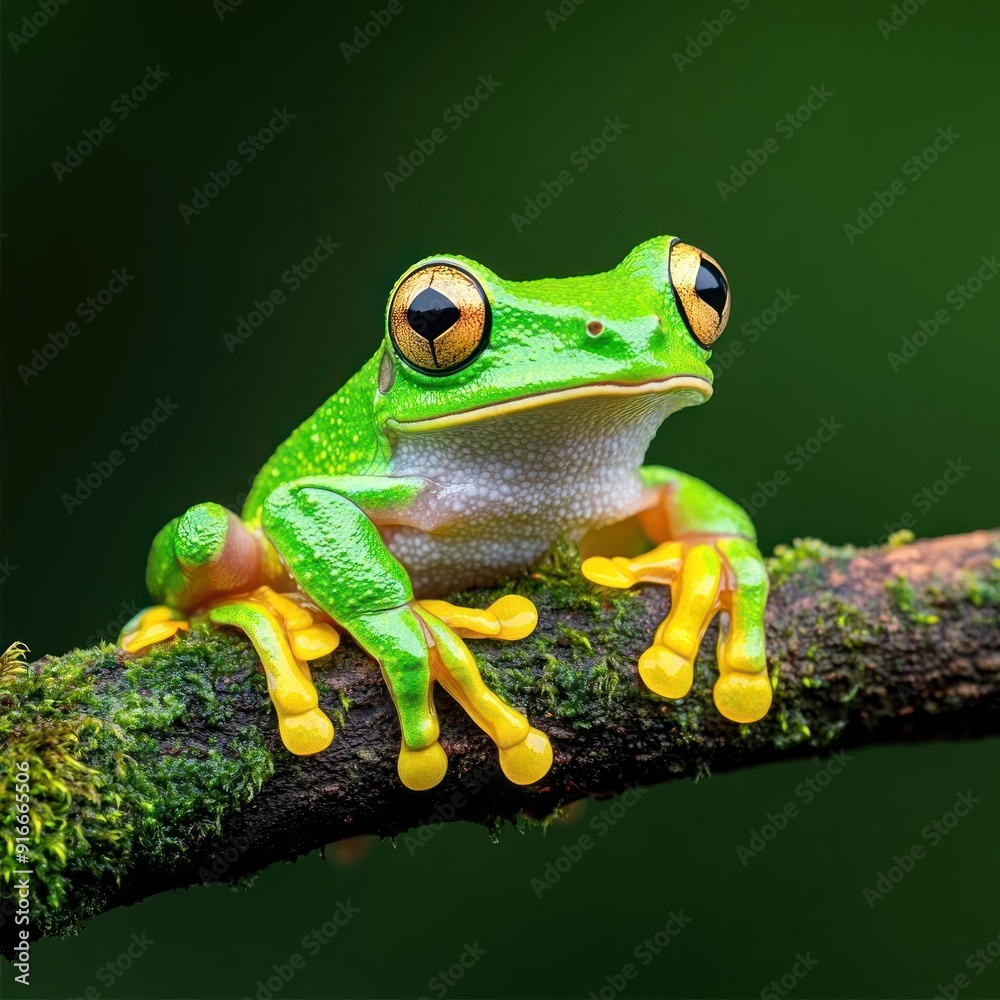 A vibrant green frog with yellow toes sits on a moss-covered branch.