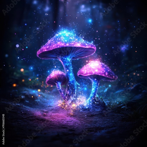 Glowing blue and pink mushrooms in a magical forest setting.