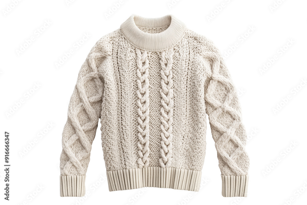 Obraz premium Warm beige cable knit sweater with intricate patterns and a high neckline, perfect for cozy winter days and stylish cold-weather outfits.