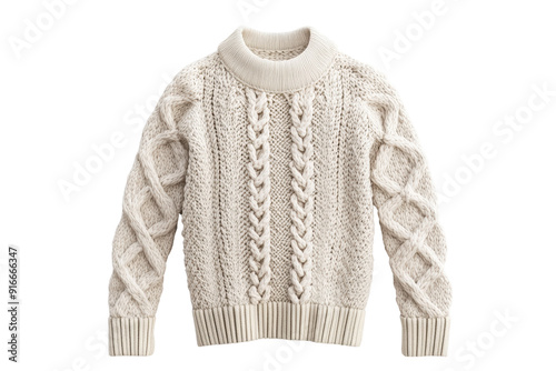 Warm beige cable knit sweater with intricate patterns and a high neckline, perfect for cozy winter days and stylish cold-weather outfits.