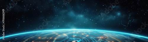 Holographic blueprint of a spacecraft's navigation system, with virtual pathways and star maps glowing in front of a dark void, digital illustration, cool blue tones