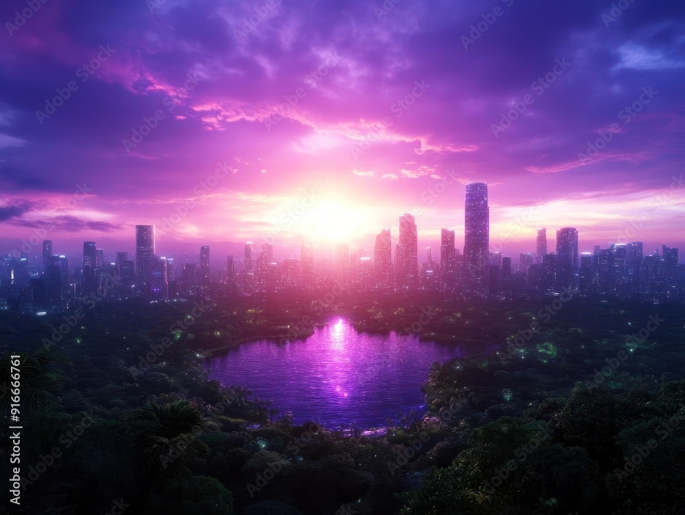 Vibrant purple sunrise over a cityscape with a lake reflecting the light. Vibrant purple sunrise over a cityscape with a lake reflecting the light.