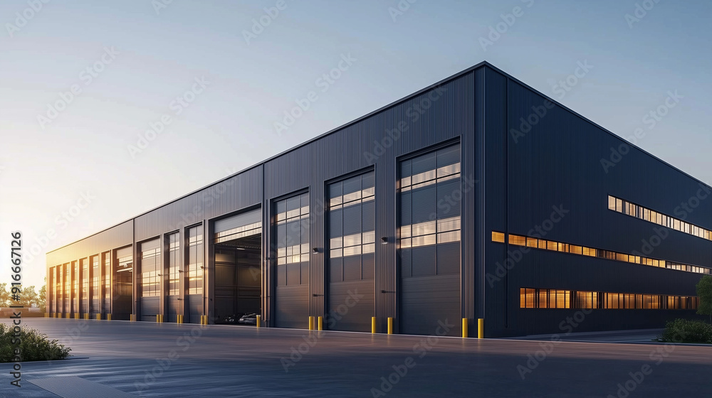 Modern 3D rendering of a warehouse exterior with sleek gray metal cladding and large garage doors at sunset, showcasing an industrial building ideal for storage, commercial cargo services, or business Modern 3D rendering of a warehouse exterior with sleek gray metal cladding and large garage doors at sunset, showcasing an industrial building ideal for storage, commercial cargo services, or business