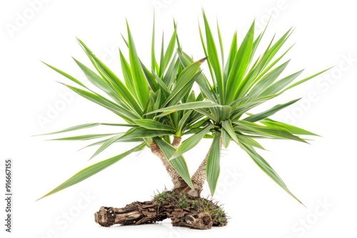 Green plant with wooden base on white background. photo