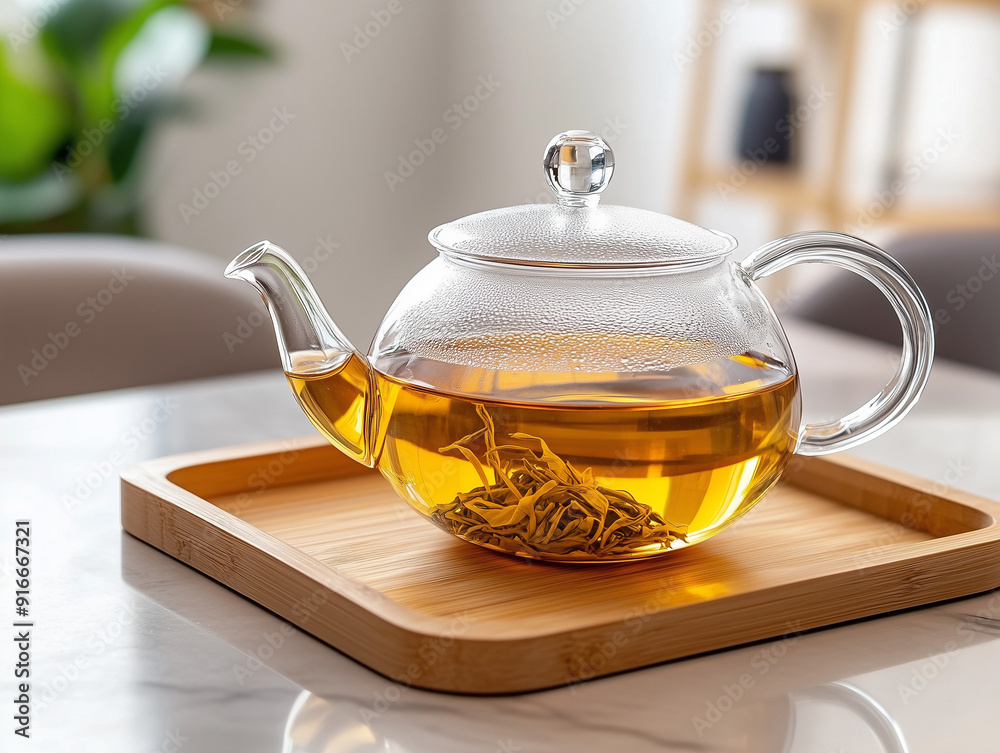 Close-up of a herbal tea infusing in a glass teapot on a wooden tray Close-up of a herbal tea infusing in a glass teapot on a wooden tray