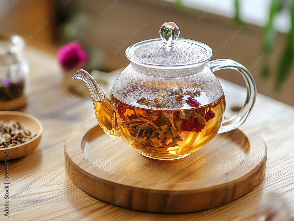 Close-up of a herbal tea infusing in a glass teapot on a wooden tray Close-up of a herbal tea infusing in a glass teapot on a wooden tray