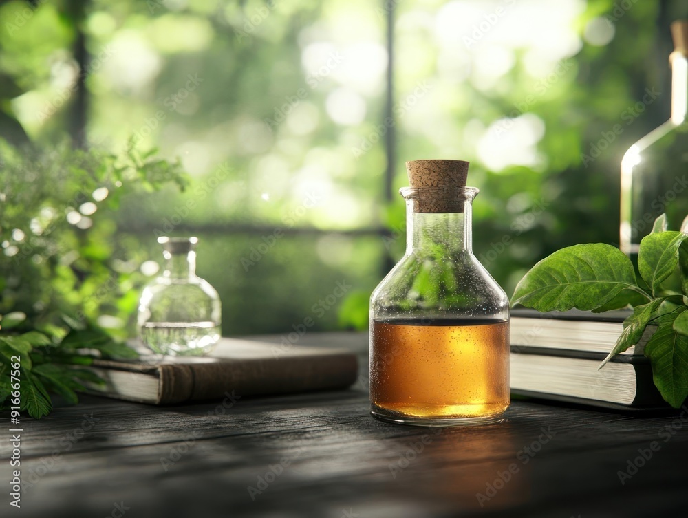 Glass bottle with cork stopper filled with liquid, surrounded by leaves and books on wooden table. Glass bottle with cork stopper filled with liquid, surrounded by leaves and books on wooden table.